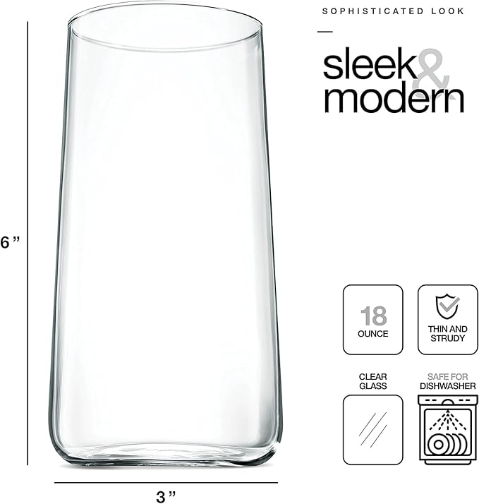 BENETI Modern Tall Drinking Glasses Set of 6 | Handmade In Europe | 18oz Premium Highball Crystal Glass Cups for Water and Juice