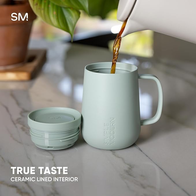 Simple Modern Voyager Signature Mug | Travel Coffee Tumbler with 360° Lid and Handle | Ceramic-Lined Insulated Stainless Steel Iced Cold Brew Cup | 12oz, Midnight Black