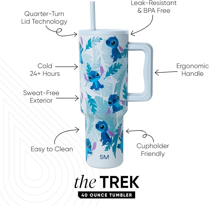 Simple Modern Disney 40 oz Tumbler with Handle and Straw Lid | Insulated Stainless Steel Water Bottle Travel Mug | Gifts for Women Men | Trek Collection | 40oz | Tropical Stitch