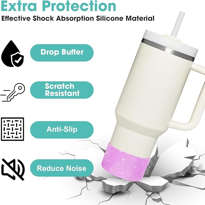 Upgrade 2PCS Protective Silicone Boot Bumper for Stanley Quencher Adventure 40oz 30oz IceFlow 20oz 30oz Tumbler, Water Bottle Bottom Sleeve Cover Accessories for Stanley Mug Cup(Glitter Purple)