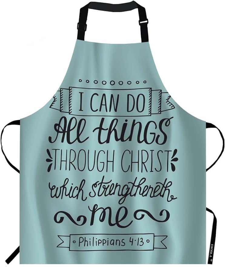EKOBLA Bible Verse Aprons With I Can Do All Things Through Christ Christian Lettering Quote Waterproof Resistant Chef Cooking Kitchen BBQ Adjustable Aprons for Women Men 27x31 Inch