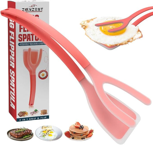 Silicone Egg Flipper Spatula Tongs (Set of 1) – Non-Stick 2-in-1 Grip & Flip Kitchen Tongs for Pancakes, Fish, Eggs, and More – Heat Resistant Cooking Tool (Red)