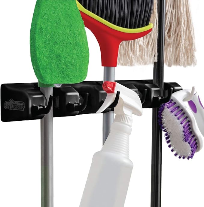 GORILLA GRIP Wall Mount Hook Fixture, Also Includes Slots to Hold Mop, Broom, Tools, Easy Install, Organize Cleaners, Tools, Home, Kitchen, Garage, 6 Hooks 5 Slots, Black