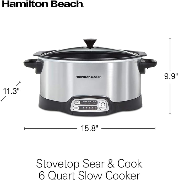Hamilton Beach 33662 Programmable Slow Cooker with 6 Quart Stovetop-Safe Sear & Cook Crock, Silver