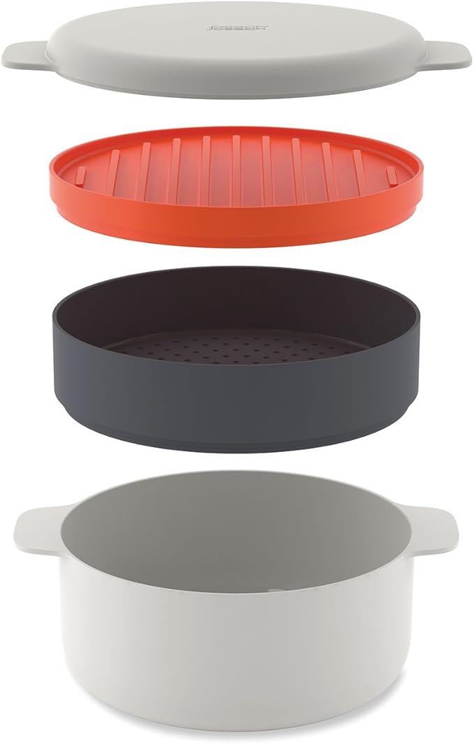 Joseph Joseph M-Cuisine Microwave 4-Piece Stackable Cooking Set, 2 liter cooking pot, steamer, griddle and lid, Orange/Beige