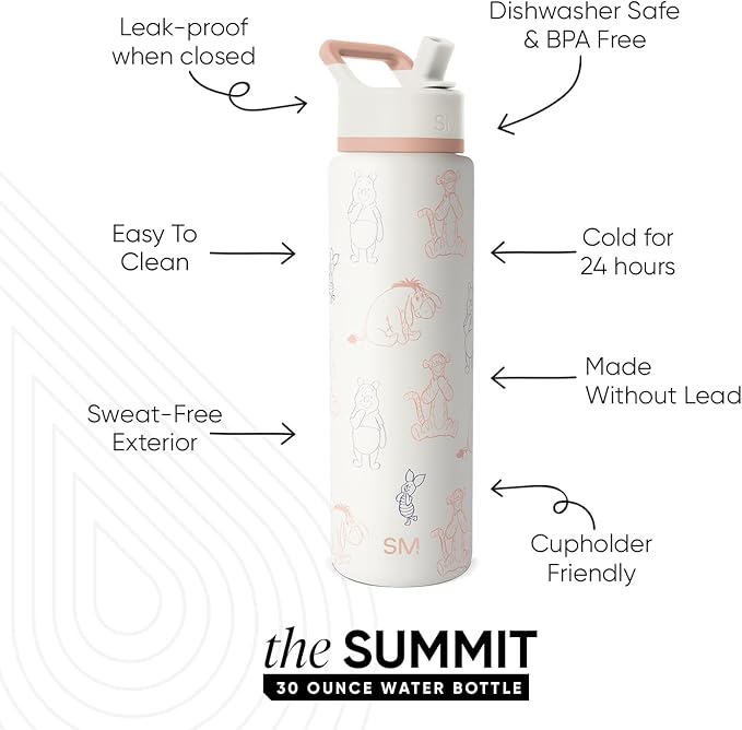 Simple Modern Summit Water Bottle with Straw Lid | Disney 30oz Leak Proof Stainless Steel Insulated Cup | Gifts for Her Him | Winnie the Pooh Doodles