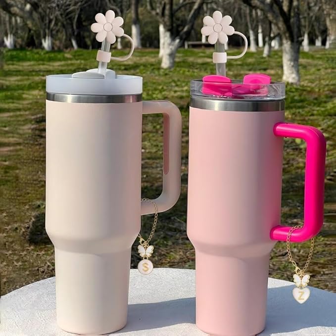 Compatible with Stanley Cup Accessories, 2PCS Butterfly Letter Charms with 4PCS 10mm Stanley Straw Cover Cap for Stanley Cup 30&40 Oz, Silicone Stanley Straw Toppers for Stanley Tumbler(Q)