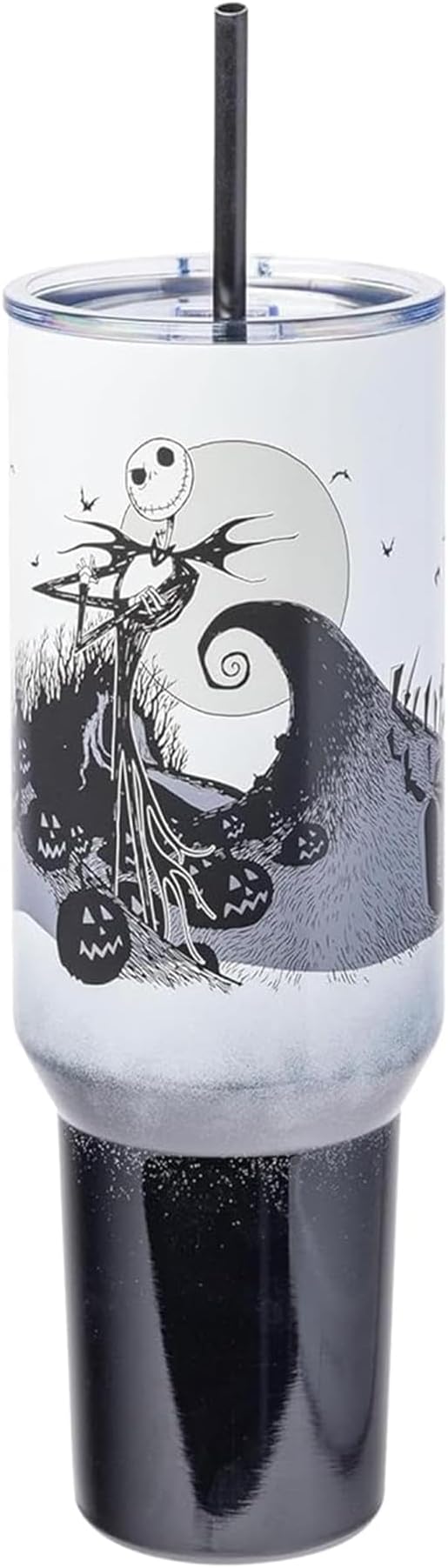 Silver Buffalo Disney Nightmare Before Christmas by Tim Burton Jack Skellington Hill and Moon Stainless Steel Tumbler with Handle and Straw, Fits in Standard Cup Holder, 40 Ounces