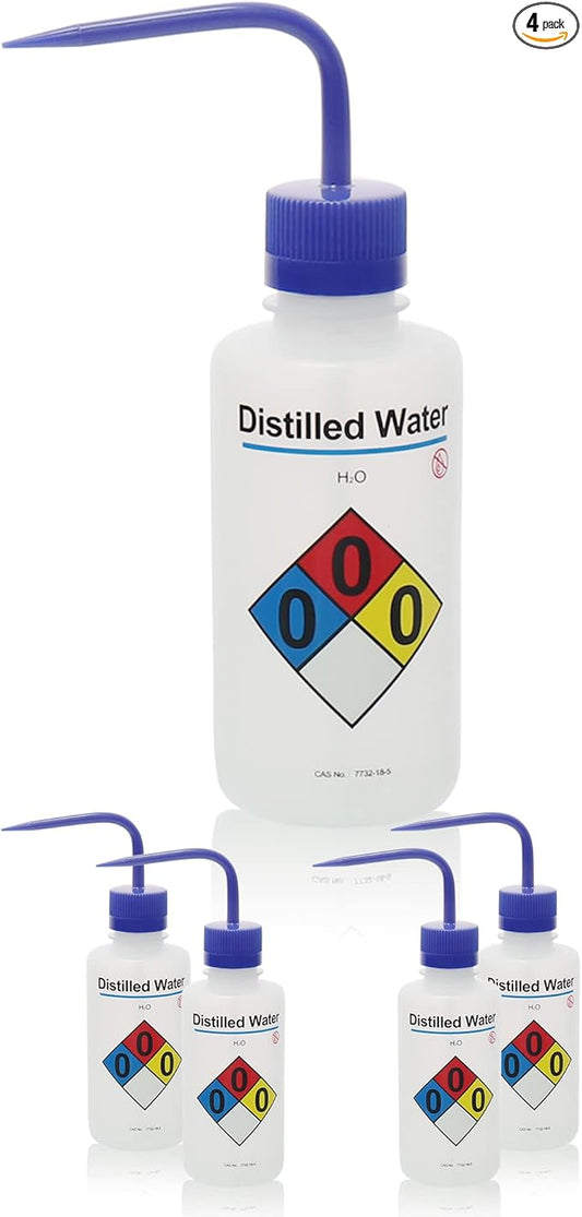 4pcs of Distilled Water Wash Bottles, Vol.500ml (17oz), Narrow Mouth, Self-Venting Safety Wash Bottles, LDPE Material, IN-WBD500