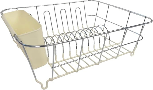Dish Drying Rack & Cutlery Holder 2 Piece Set - Compact Sink-Fitting Dish Drainer with Rubberized Undercoating, Space-Saving Kitchen Organizer for Plates, Cups, Bowls & Utensils In Sink, Ivory