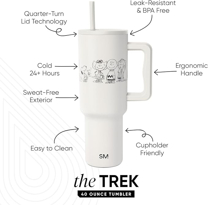 Simple Modern Peanuts 40 oz Tumbler with Handle and Straw Lid | Insulated Reusable Stainless Steel Water Bottle Travel Mug | Gifts for Women Men | Trek Collection | 40oz | Peanuts Gang