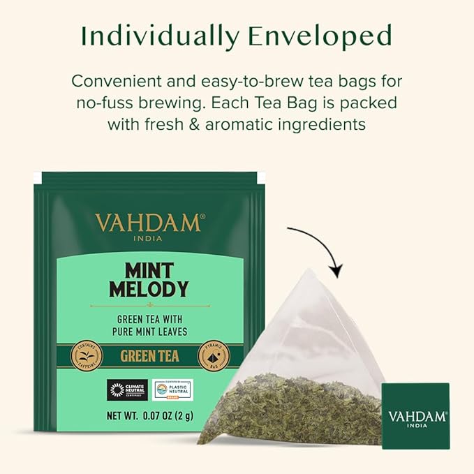 VAHDAM, Mint Green Tea Bags (30 Count) 100% Pure Leaf Tea, High Grown, Low Caffeine, Non GMO, Gluten Free | Individually Wrapped Plant-Based Pyramid Tea Bags | Direct from Source (Pack of 2)