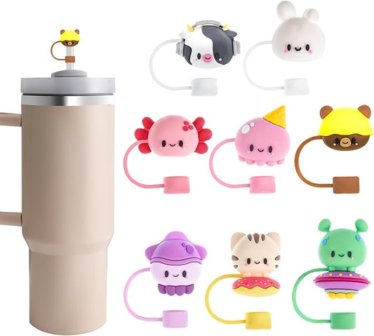 Needbrock 8 PCS Straw Covers Cap for Stanley Cup, Silicone Straw Topper for Stanley 30&40 Oz Tumbler, Cute Straw Caps in Various Shapes Reusable Straw Caps for Stanley Cup Accessories, 10mm