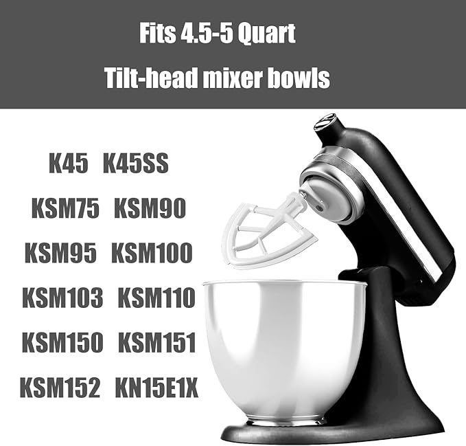 Flex Edge Beater for KitchenAid,Mixer Attachement Compatible With KitchenAid,Mixer Accessory,Fits Tilt-Head Stand Mixer Bowls For 4.5-5 Quart Bowls,Beater With Silicone Edges,White