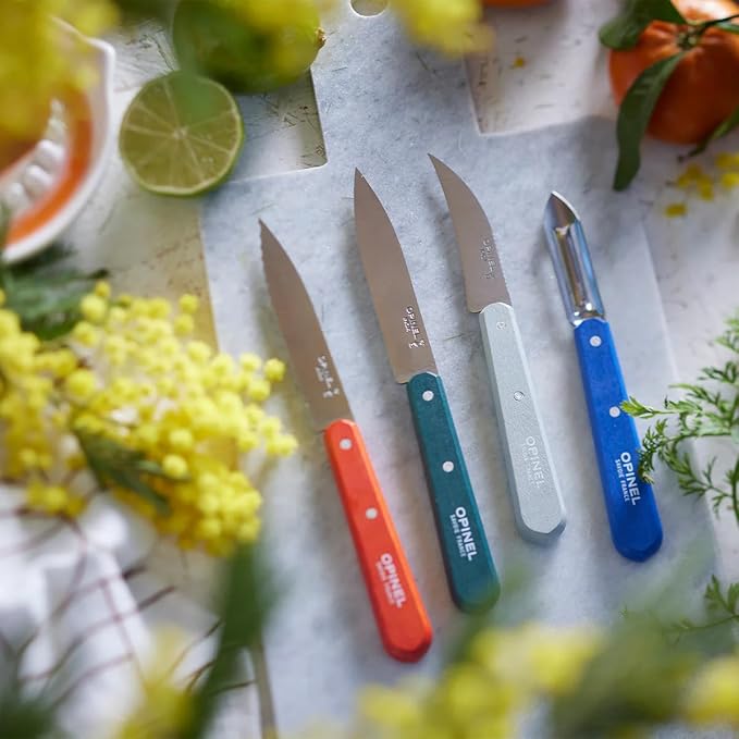 Opinel Les Essentials Small Kitchen 4 Piece Knife Set - Paring Knife, Serrated Knife, Peeler, Vegetable Knife, Corrosion Resistant High Carbon Steel, Made in France (Art Deco)