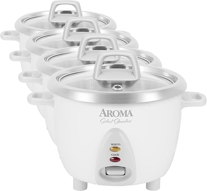 AROMA® Select Stainless® Rice Cooker, 3-Cup (Uncooked) / 6-Cup (Cooked), Stainless Steel Inner Pot, Small Rice Cooker, Auto Keep Warm, 1.2 Qt, White, ARC-753SG (Pack of 4)