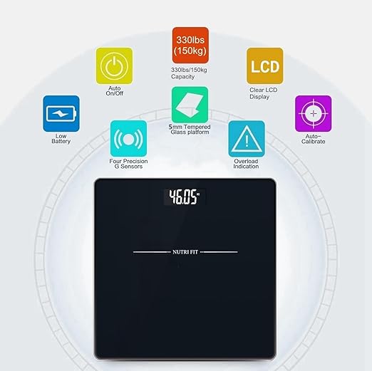 NUTRI FIT Digital Bathroom Scale for Body Weight Loss Watchers Electri Scales, 50g/0.1lb Discrepancy, Clear Backlit LCD Display and Step-On Techhology, 2*AAA Batteries Included, 330lb/150kg, Jet Black