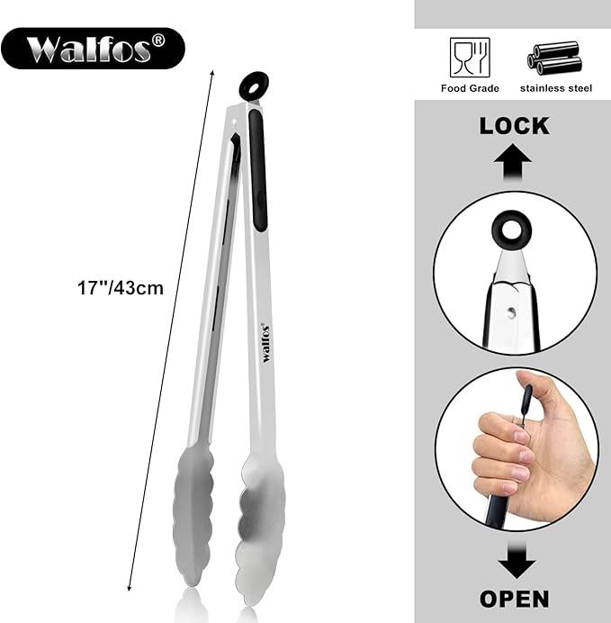 Walfos 17 Inch Extra Long Grill Tongs, Ultimate Stainless Steel BBQ Tongs for Grilling, Cooking, BBQ/Barbecue, Buffet and Turning Food