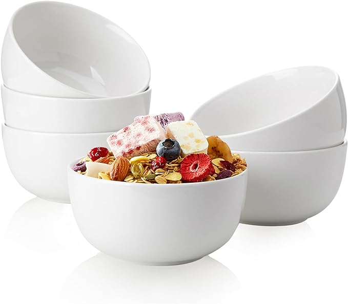 Sweese 10 Oz Porcelain Bowls Set of 6 - Versatile for Cereal, Soup, Salad, Pasta, Oatmeal - Microwave Dishwasher Safe, White