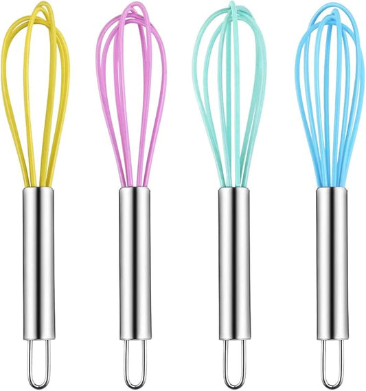 4 Pack Colorful Mini Silicone Kitchen Whisks with Stainless Steel Handles for Milk Egg Blending Stirring Whisking and Beating(4 Colors,6 Inches)
