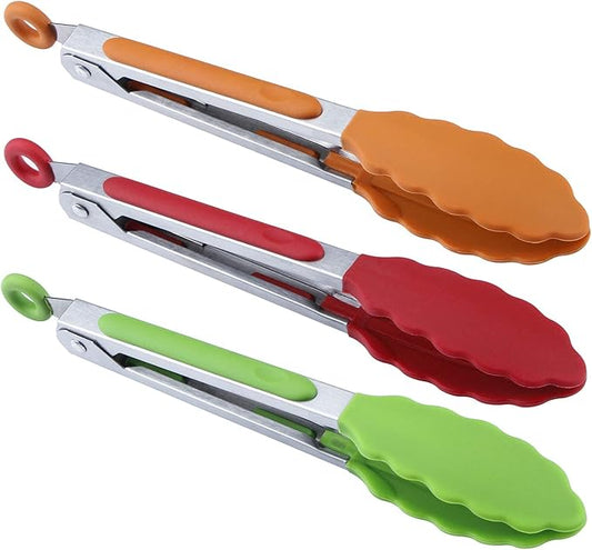 7 inch Cooking Tongs, MSY BIGSUNNY Set of 3 Mini Kitchen Tongs Silicone Serving Tongs With Silicone Tips for FoodGrill, Salad, BBQ (Red Green Orange)