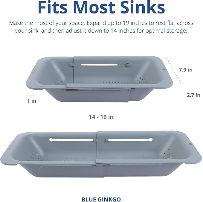 BLUE GINKGO Over the Sink Colander Strainer Basket - Wash Vegetables and Fruits, Drain Cooked Pasta and Dry Dishes - Extendable - New Home Kitchen Essentials (7.9W x 14-19L x 2.75H) - Gray
