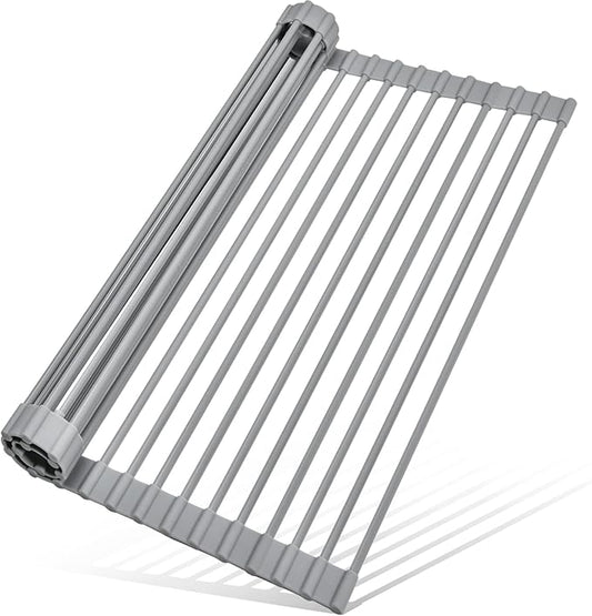 MERRYBOX Roll Up Over The Sink Dish Drying Rack Silicone Wrapped Foldable, Heat-Resistant, Anti-Slip Sink Rack Multipurpose Dish Drainer for Kitchen Sink Counter - Grey, 17.5" x 11"