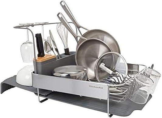 KitchenAid Compact to Full Size Expandable, Rust Resistant Satin Coated Dish Rack with Angled Self Draining Drain Board and Removable Flatware Caddy, 24-Inch, Charcoal