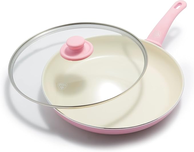 GreenLife Soft Grip Healthy Ceramic Nonstick, 12" Frying Pan Skillet with Lid, PFAS-Free, Dishwasher Safe, Pink