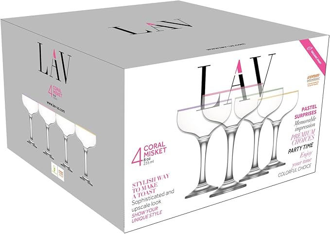 LAV Lead-Free Colorful Coupe Cocktail Glasses 8 oz Champagne Glass with Colored, Cleared Rims - Manhattan, Martini Glasses, Cocktails, Barware, Home, Restaurant, Birthday, Wedding Parties | Set of 4