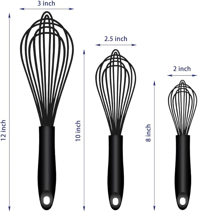 Dishwasher Safe Silicone Whisk, Sealed Waterproof Design Set of 3, Professional Kitchen Whisks for Cooking Non-Scratch, Silicone & Stainless Steel Whisk, Heat Resistant Balloon Egg Beater, Black