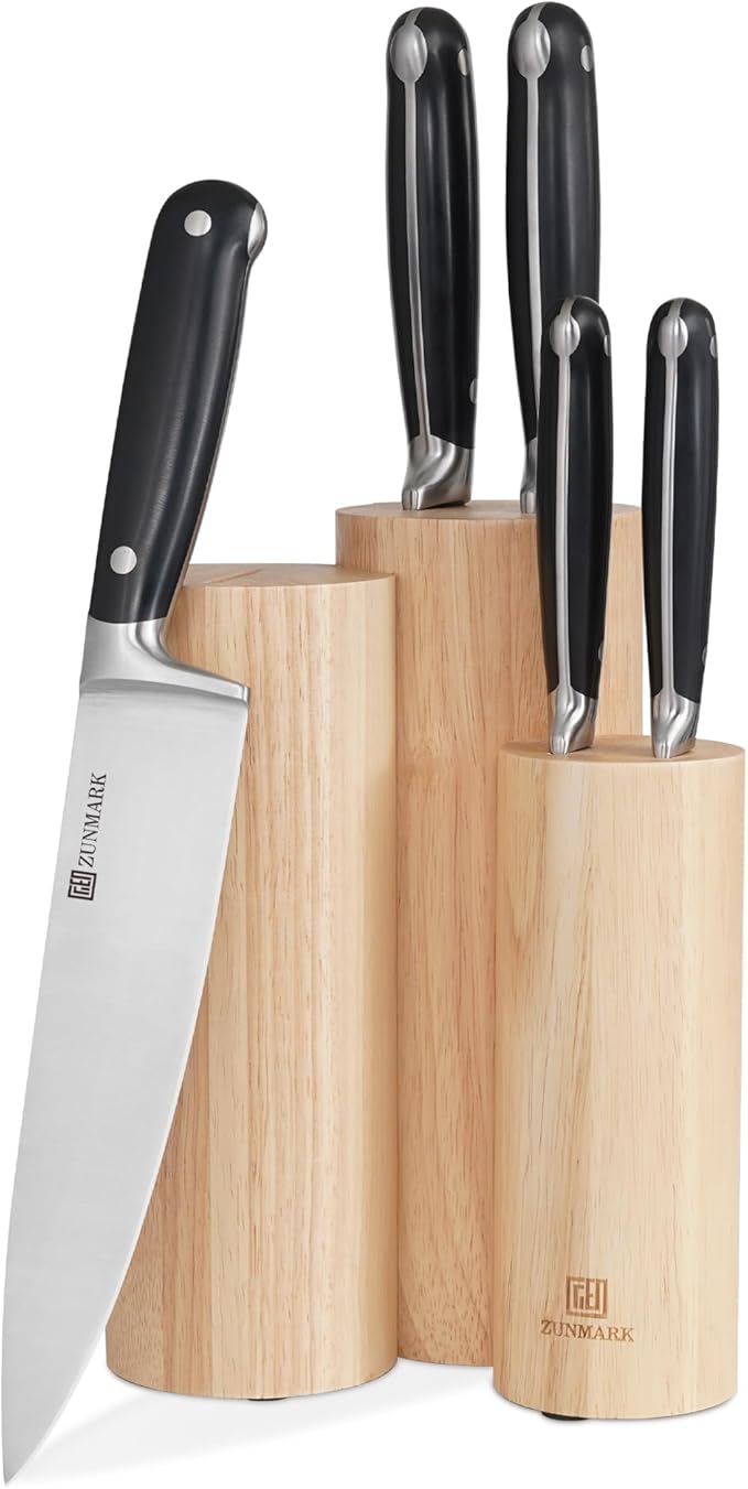 Kitchen Knife Set, Skylark Series 6-Piece High Carbon X50CrMoV15 Steel Professional Chef Knife Set with Solid Wood Block, Unique Design Knife Block Set, Dishwasher Safe, Elegant Black