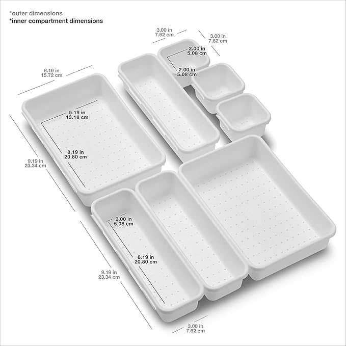 Madesmart 8-Piece Interlocking Bin Pack Customizable Multi-Purpose Drawer, One Home Organization, BPA Free, White, 8 Count