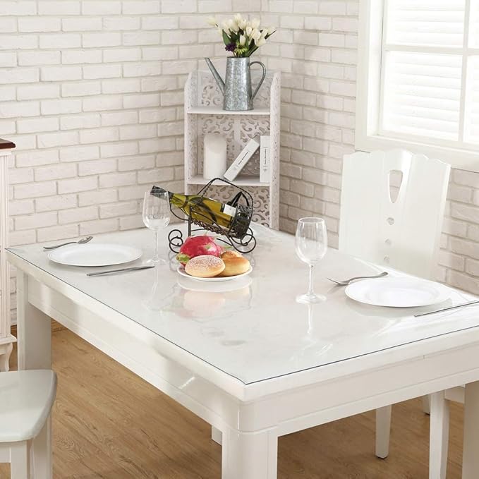 NECAUX Custom Multisize 1.5mm Thick Clear PVC Table Cover Protector - 48 x 90 Inch Plastic Crystal Protective Meeting/Dining Room Table Pad Kitchen Wood Grain Vinyl Table Cover