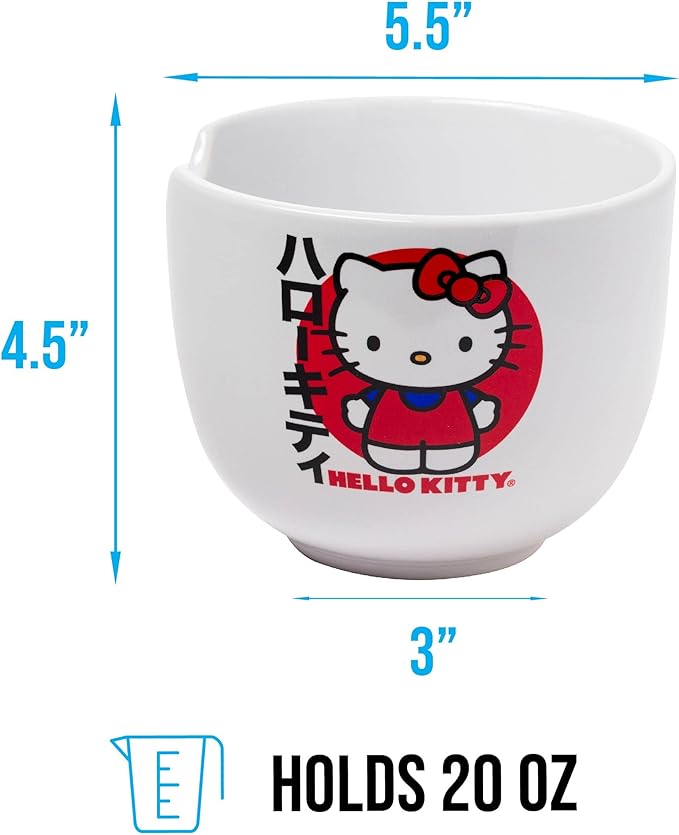 Silver Buffalo Sanrio Hello Kitty Japanese Ceramic Ramen Noodle Rice Bowl with Chopsticks, Microwave Safe, 20 Ounces