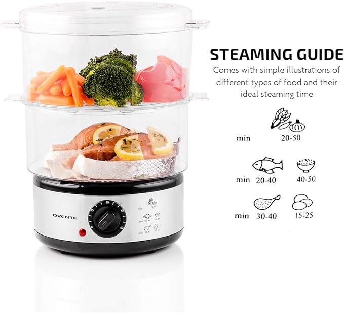 OVENTE 2 Tier Electric Food Steamer for Cooking Vegetables, Stainless Steel Base, Stackable and Dishwasher Safe Baskets, 400W with Auto Shutoff and 60-Minute Timer, 5 Quart Capacity, Silver FS62S