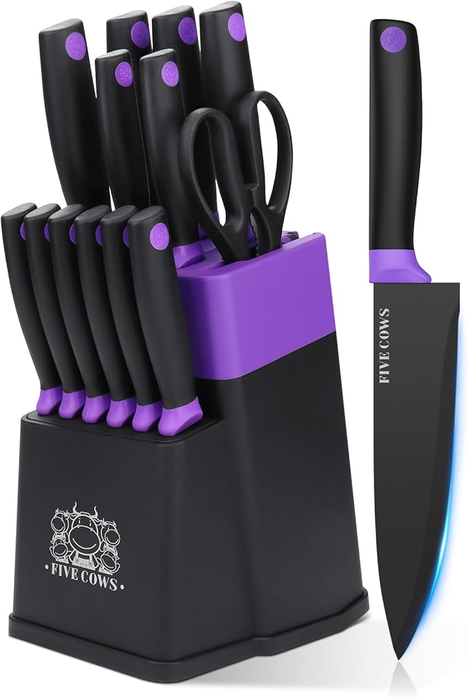 14 Pcs Kitchen Knife Block Set with Sharpener German High Carbon Stainless Steel Chef Knives, Razor-Sharp & Durable, Lightweight Anti-Slip Handle, Professional Set for Home & Kitchen (Purple)