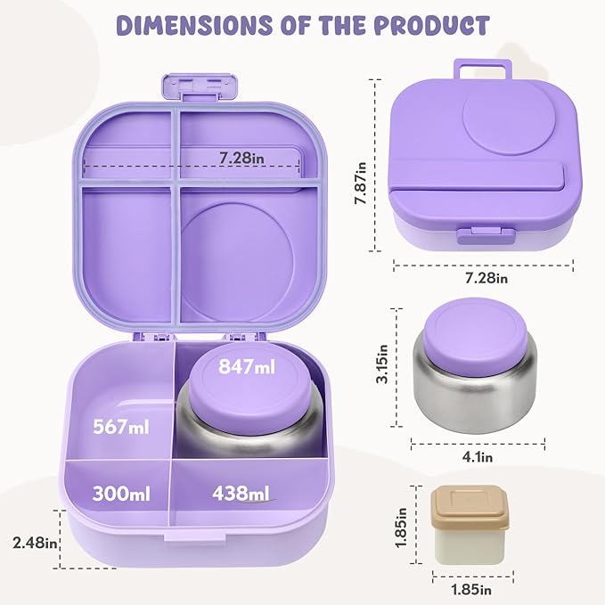 Bento Lunch Box with 12oz Soup Thermo,4 Compartments Lunch Box Containers, Spoon&Sauce Jar, BPA Free&Leak proof,Insulated Food Jar for Travel(Purple)