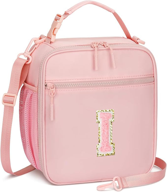Initial Insulated Lunch Bag for Girls Kids, Back to School Gift, Reusable Leak-proof Lunch Box with Adjustable Strap for School Daycare Travel Picnic (Pink,I)