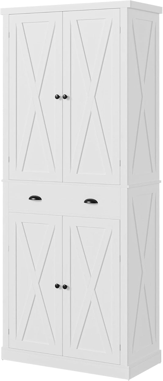 IRONCK Kitchen Pantry Storage Cabinet 83.9" H, with Barn Doors, Drawer, 4 Adjustable Shelves, Freestanding Cupboard for Dining Room Living Room, Laundry, White