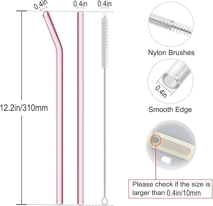 Replacement Straw Compatible with Stanley 40 oz Tumbler Straws, 4 Pcs Reusable Straws with Cleaning Brush, Long Glass Straw for Stanley Accessories, Pink