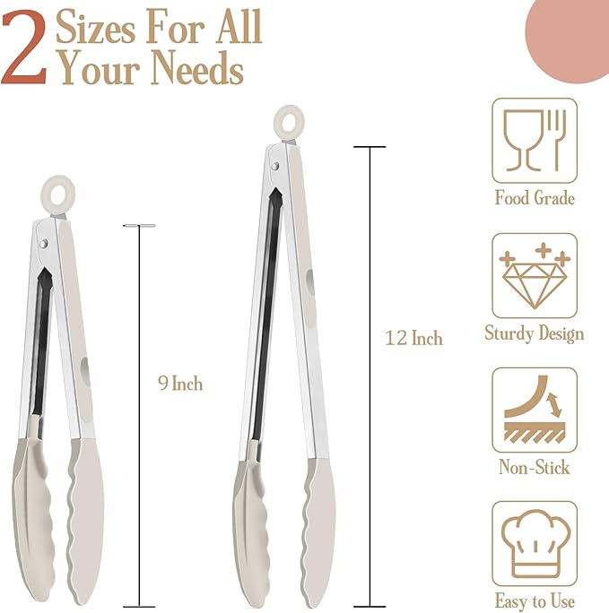 TeamFar Kitchen Tongs, 9" and 12" Stainless Steel Cooking Tongs with Silicone Tips for Cooking Grilling Serving & BBQ, Heat Resistant Silicone Tongs, Locking Design & Dishwasher Safe, Set of 2 & Khaki