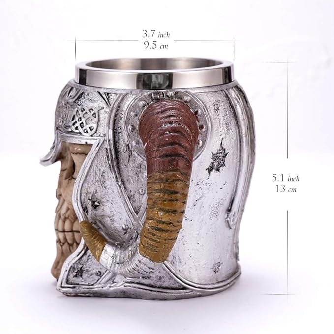 Stainless Steel Double Handle Horn Skull Beer Cup, Viking Warrior Skull Mug Tankard, Medieval Drinkware Mug for Coffee/Beverage/Juice 17oz.