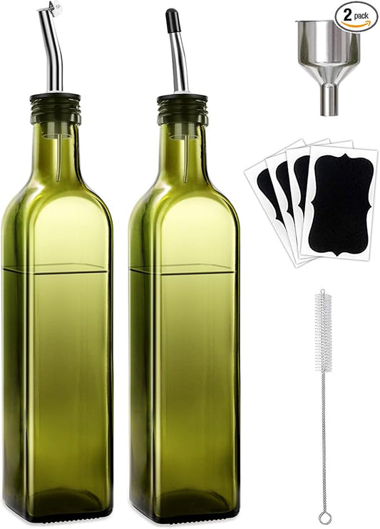 2 Pcs Green Glass Olive Oil Dispenser and Vinegar Dispenser Set with 2 Stainless Steel Pourers, 4 Labels, 1 Brush, 1 Funnel (500ml) for Kitchen, Cooking, Salad Dressing, Barbecue, Mixing