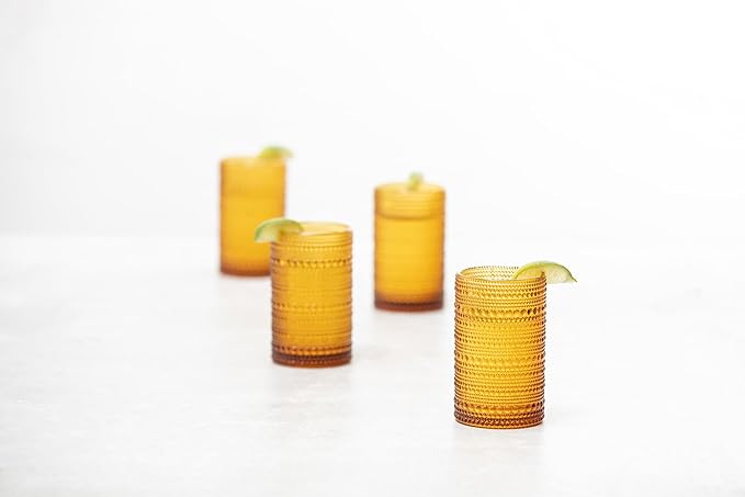 Fortessa Jupiter Beaded Hobnail Glass, 13 Ounce Iced Beverage (Set of 6), Amber