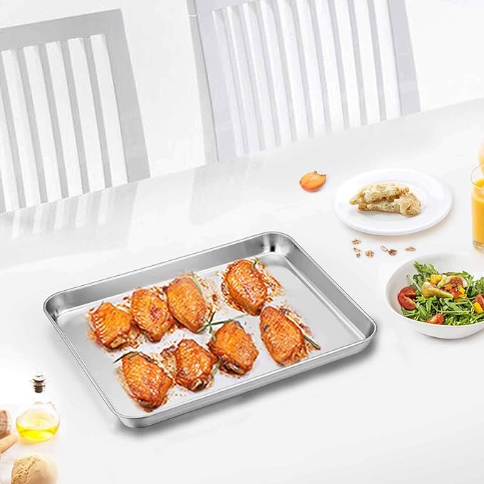TeamFar Toaster Oven Pans, 9.3'' x 7'' x 1'' Stainless Steel Compact Toaster Oven Tray Ovenware, Healthy & Heavy Duty, Roll Edge & Mirror Finish, Easy Clean & Dishwasher Safe-2 PCS