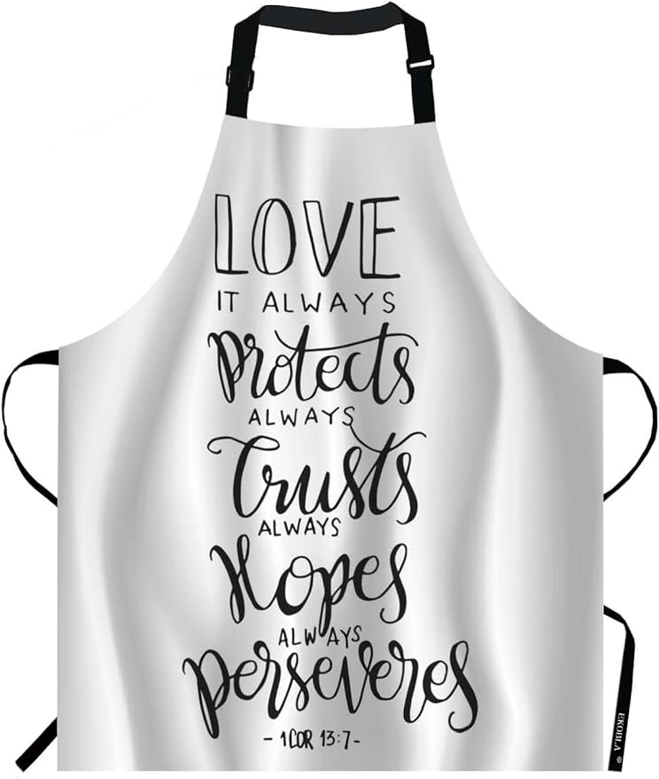 EKOBLA Bible Verse Aprons Love It Protect Always Trust Always Hopes Always Perseveres Waterproof Resistant Chef Cooking Kitchen BBQ Adjustable Aprons for Women Men 27x31 Inch
