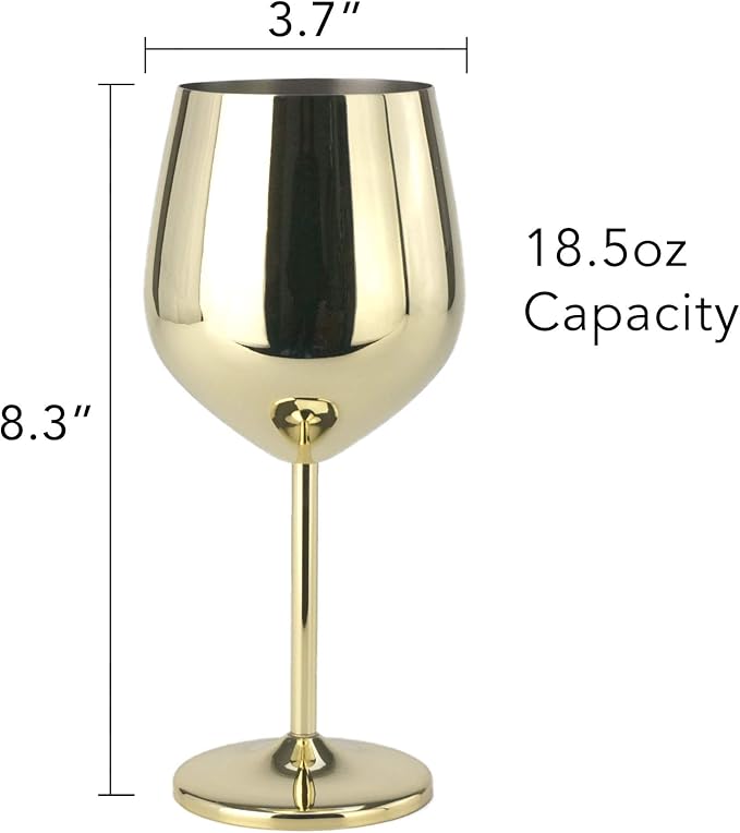 PG Set of 4 Stainless Steel Wine Glass - 18.5oz Gold Wine Glasses - Unbreakable Wine Glasses - Stem Metal Wine Goblets
