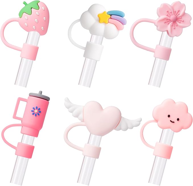 6Pcs Pink Cue Straw Cover Cap for Stanley Cup 40 30oz Tumbler, 10mm Reusable Cute Drinking Straw Topper Accessories, Portable Protector Plugs Decorations Gifts for Party