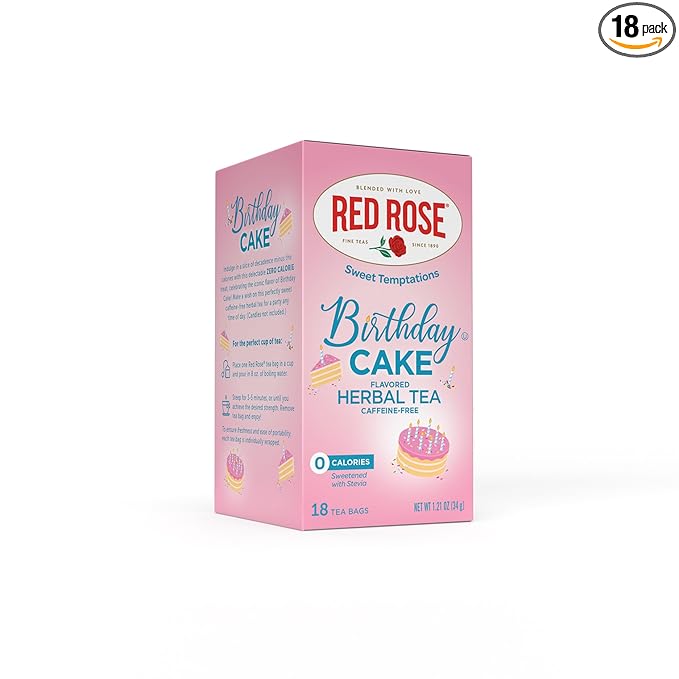 Red Rose Sweet Temptations Dessert Tea Birthday Cake, Zero Carbs, Zero Sugar Bursting with Flavor Caffeine-Free Delicious Beverage Herbal Tea, 18 Individually Wrapped Fruit Naturally Flavored Tea Bags